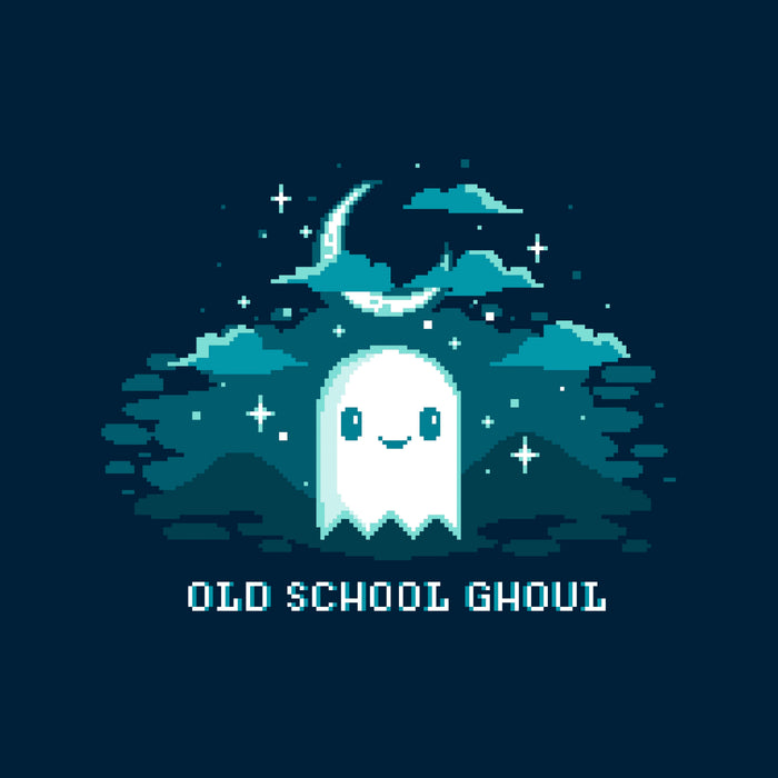 Long Sleeve T-shirt_TeeTurtle Old School Ghoul navy blue t-shirt featuring a spooky pixel art smiling ghost under a crescent moon and stars with text "Old School Ghoul" below in this Halloween and video game design.