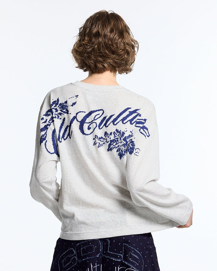 OLD SOUL LONGSLEEVE HEATHER GREY - heather grey graphic print longsleeve tee, back view on female model - Cold Culture #woman