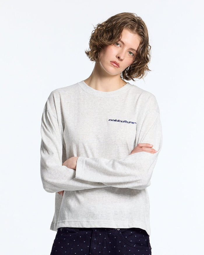 OLD SOUL LONGSLEEVE HEATHER GREY - heather grey graphic print longsleeve tee, front view on female model - Cold Culture #woman