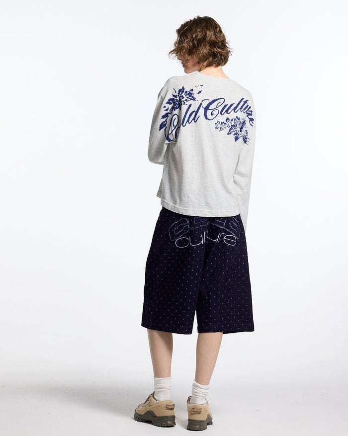 OLD SOUL LONGSLEEVE HEATHER GREY - heather grey graphic print longsleeve tee, back view on female model - Cold Culture #woman