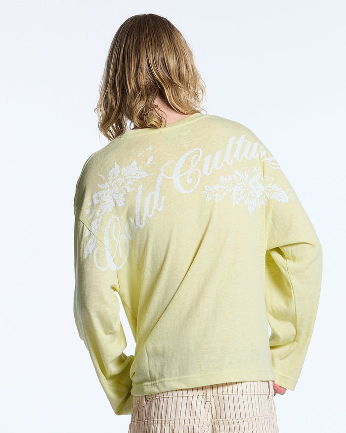 OLD SOUL LONGSLEEVE PALE YELLOW - pale yellow graphic print longsleeve tee, back view on male model - Cold Culture #man