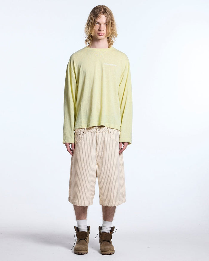 OLD SOUL LONGSLEEVE PALE YELLOW - pale yellow graphic print longsleeve tee, front view on male model - Cold Culture #man