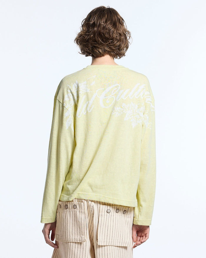 OLD SOUL LONGSLEEVE PALE YELLOW - pale yellow graphic print longsleeve tee, back view on female model - Cold Culture #woman