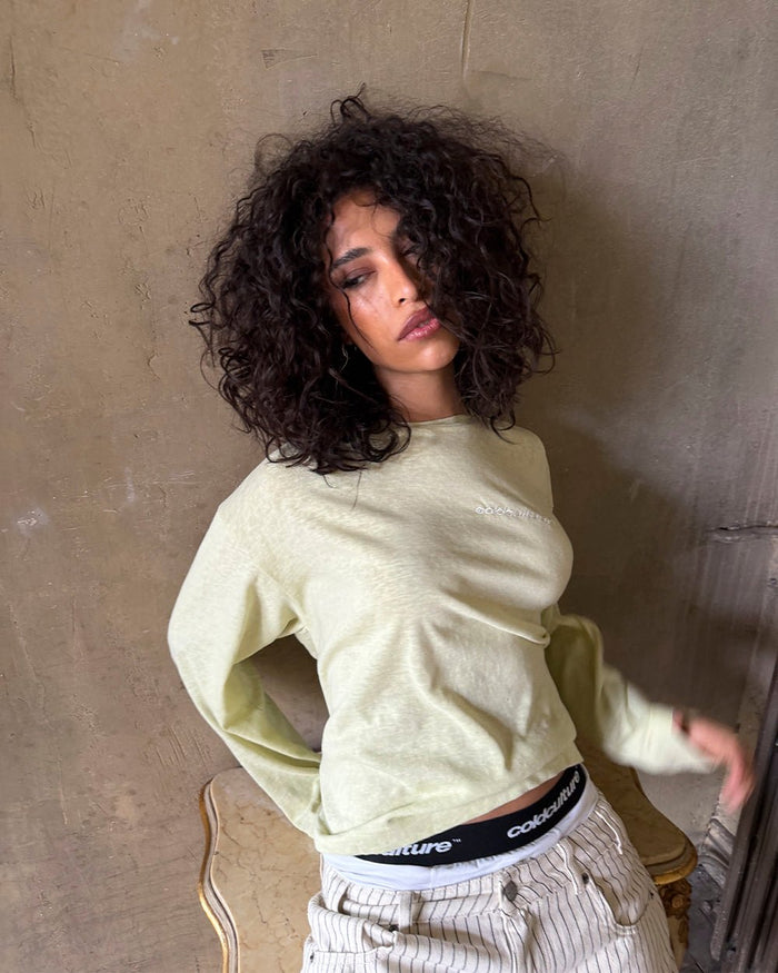 OLD SOUL LONGSLEEVE PALE YELLOW - pale yellow graphic print longsleeve tee, street style shot - Cold Culture
