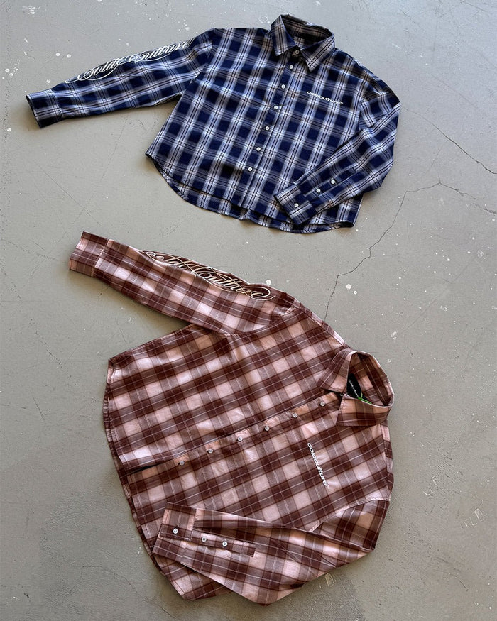 ON MY WAY LONGSLEEVE SHIRT BLUE - blue plaid long sleeve shirt, flat lay with matching pieces - Cold Culture