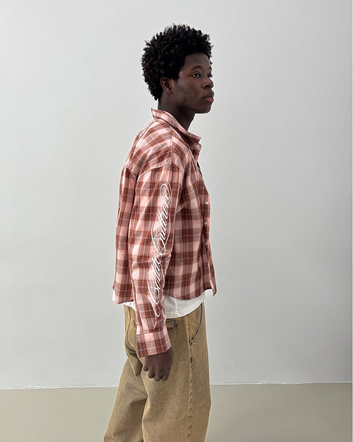 ON MY WAY LONGSLEEVE SHIRT PINK - pink plaid long sleeve shirt, side view - Cold Culture