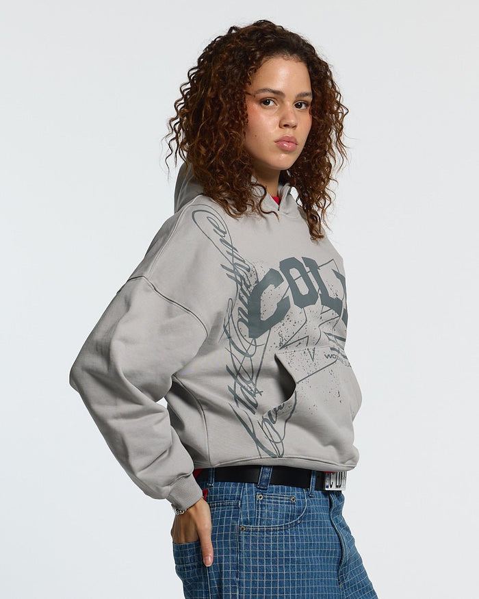 ON ROAD HOODIE GREY & GREEN - grey graphic print hoodie, front view on female model - Cold Culture #woman