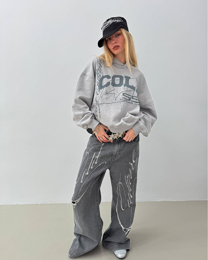 ON ROAD HOODIE GREY & GREEN - grey graphic print hoodie, front view on female model - Cold Culture