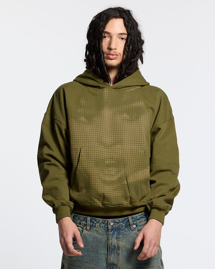 OOPS! HOODIE DARK GREEN - olive green graphic hoodie, front view on male model - Cold Culture #man