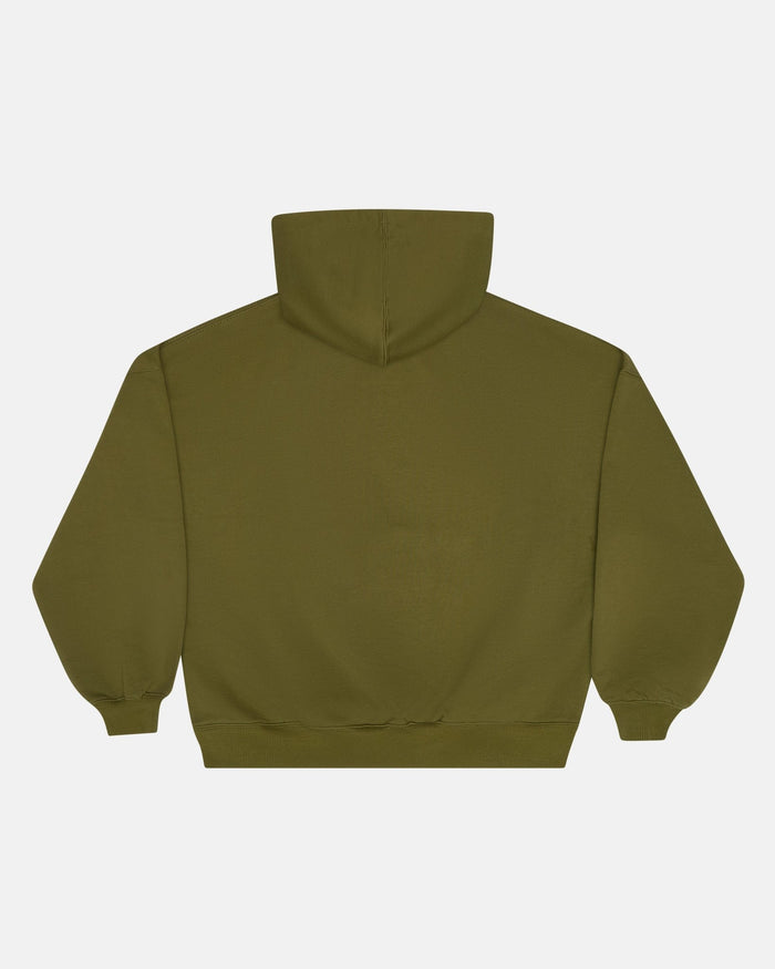 OOPS! HOODIE DARK GREEN - olive green graphic hoodie, back view - Cold Culture