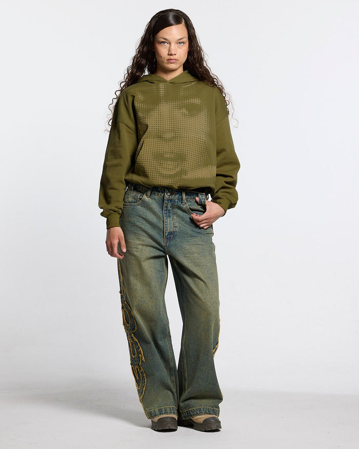 OOPS! HOODIE DARK GREEN - olive green graphic hoodie, front view on female model - Cold Culture #woman