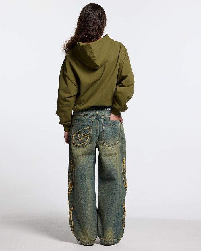 OOPS! HOODIE DARK GREEN - olive green graphic hoodie, back view on female model - Cold Culture #woman