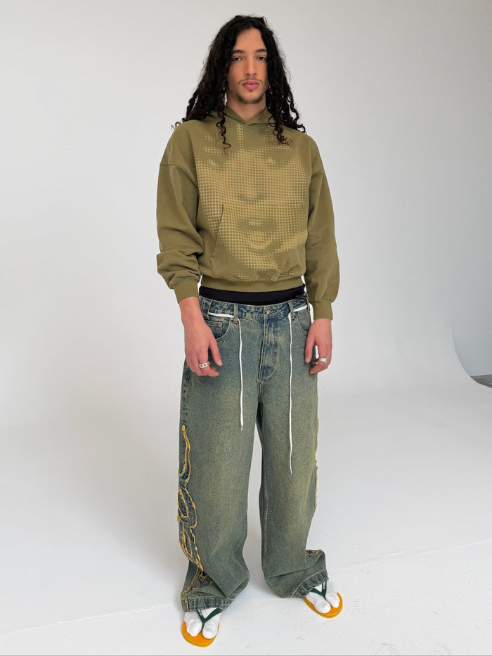 OOPS! HOODIE DARK GREEN - olive green graphic hoodie, front view on male model - Cold Culture