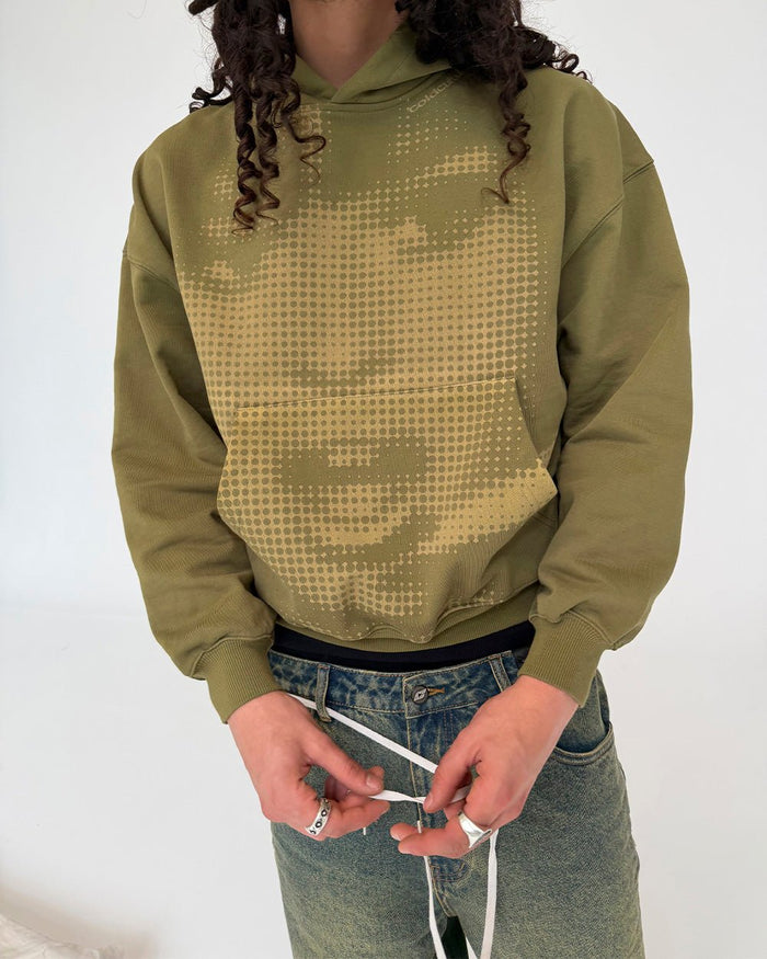 OOPS! HOODIE DARK GREEN - olive green graphic hoodie, on model close-up - Cold Culture