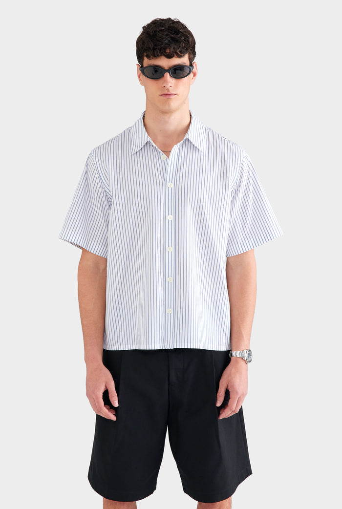 Oversized Stripe Short Sleeve Shirt - White/Navy Stripe