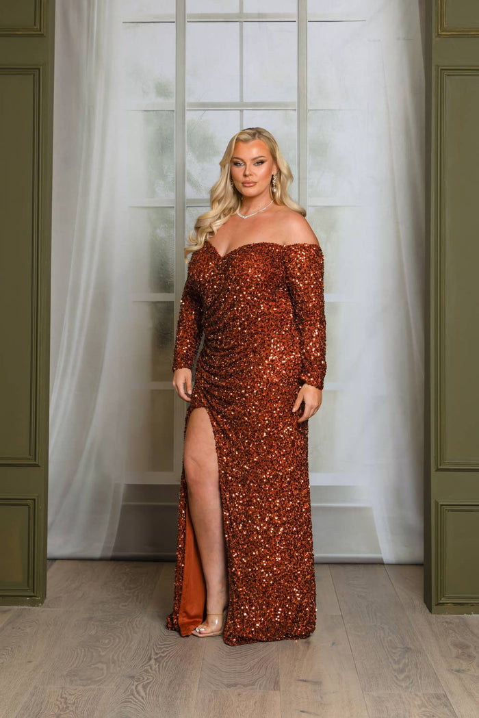 P1641P9-PLUS SIZE LONG SLEEVE OFF SHOULDER MAXI DRESS