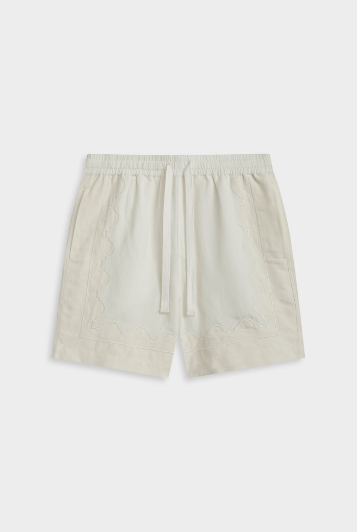 Venroy Panelled Applique Border Silk Linen Short - Off White/Cream