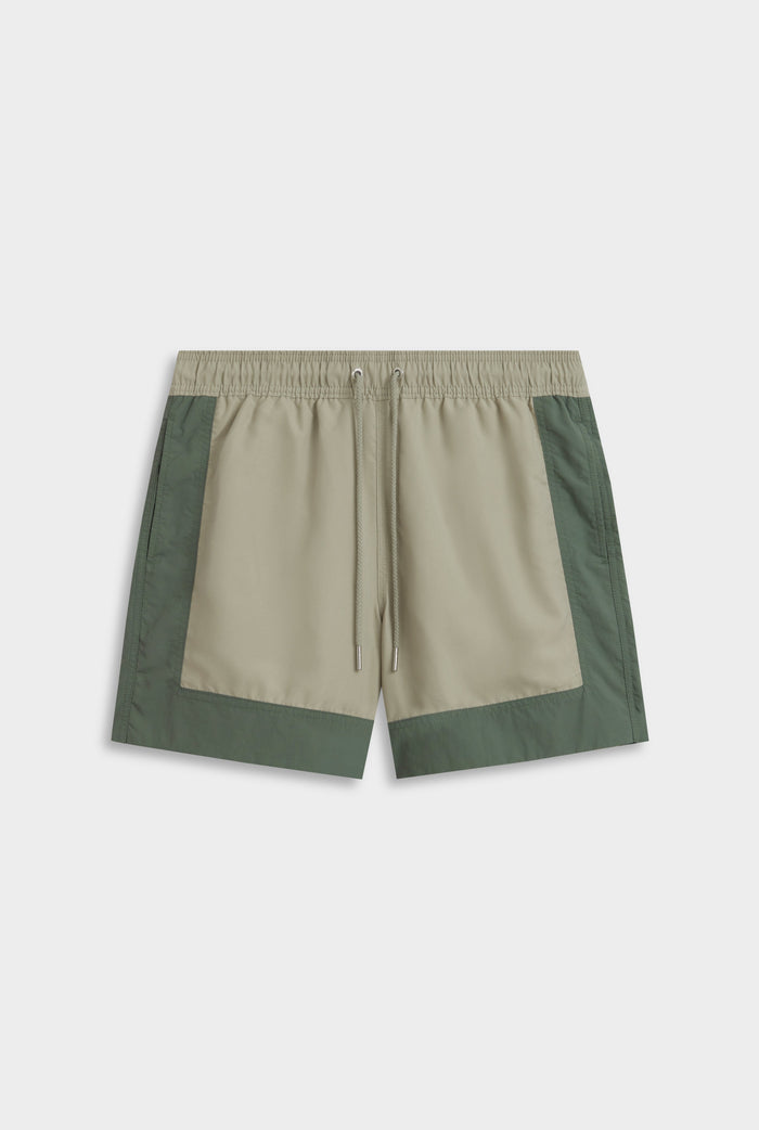 Venroy Panelled Border Swim Short - Olive Taupe/Moss Green