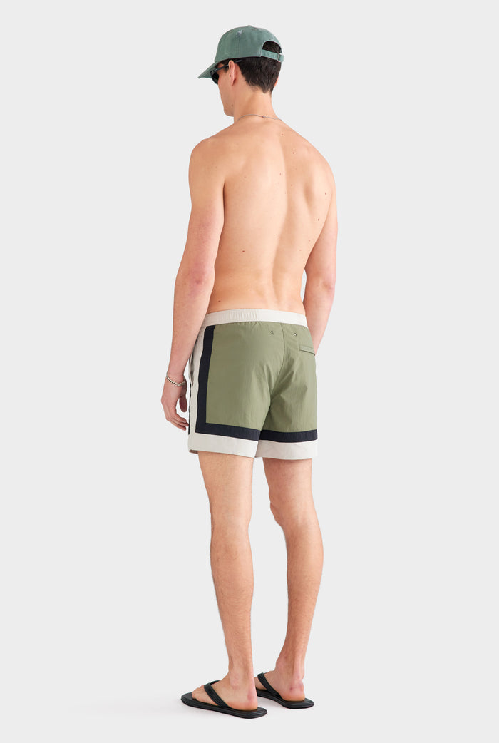 Panelled Fixed Waist Swim Short - Sage/Stone/Black