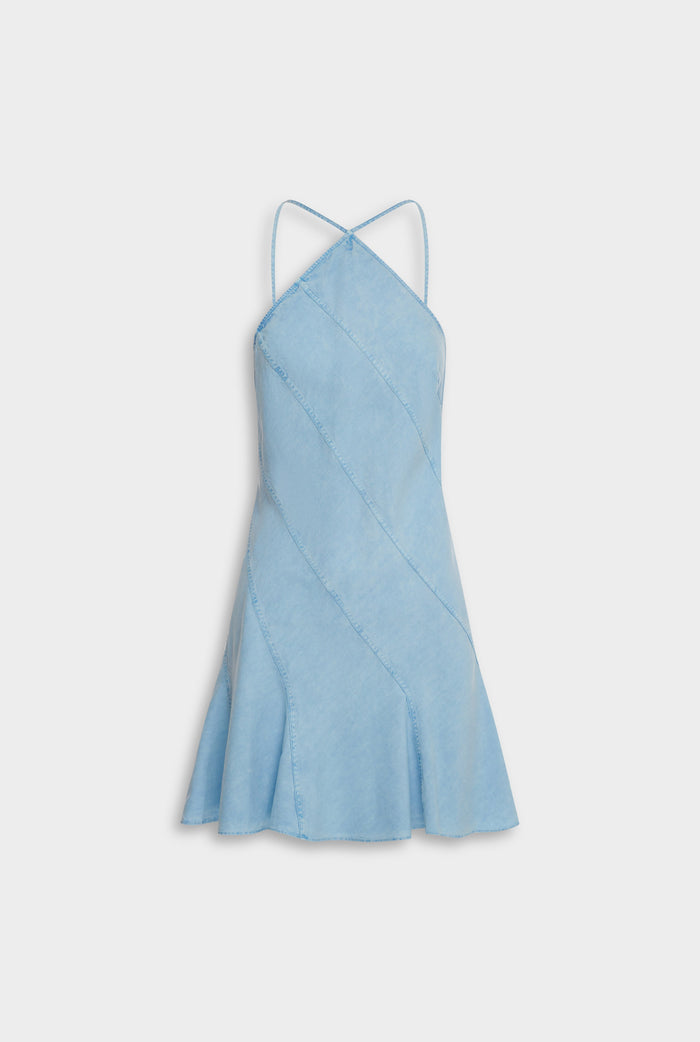 Venroy Panelled Tencel Halter Mini Dress - Washed Blue