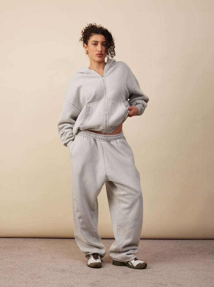 Panelled Zip Up Hoodie | Light Grey