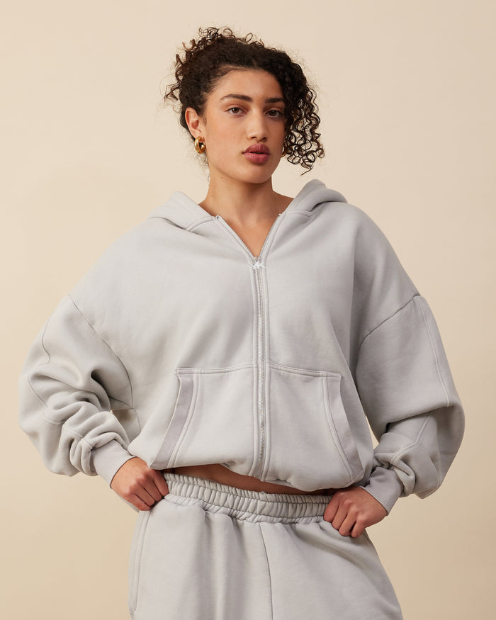 Panelled Zip Up Hoodie | Light Grey