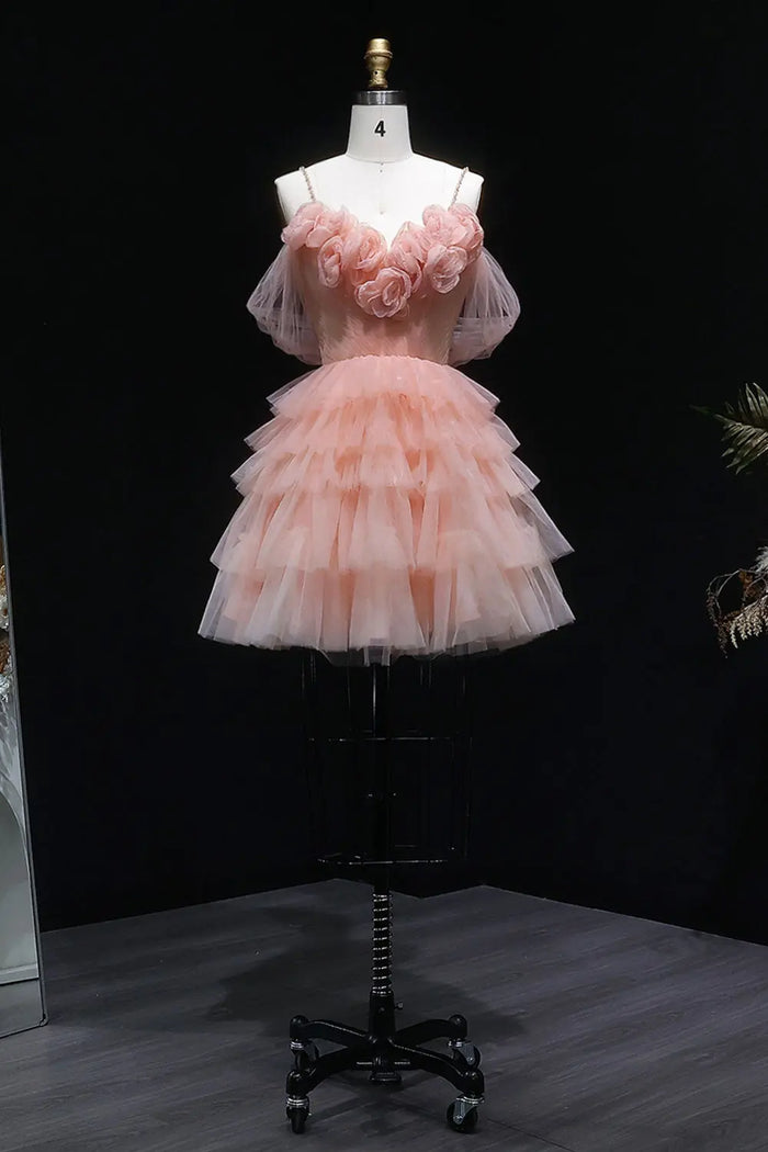 Peach Pink Tiered Tulle Homecoming Dress with 3D Floral Off-Shoulder RM132 Sheer Fairy