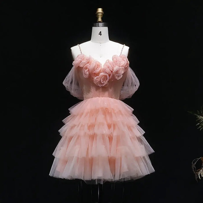 Peach Pink Tiered Tulle Homecoming Dress with 3D Floral Off-Shoulder RM132 Sheer Fairy