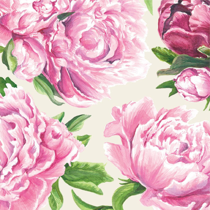 Pattern of pink peonies with green leaves on a light background