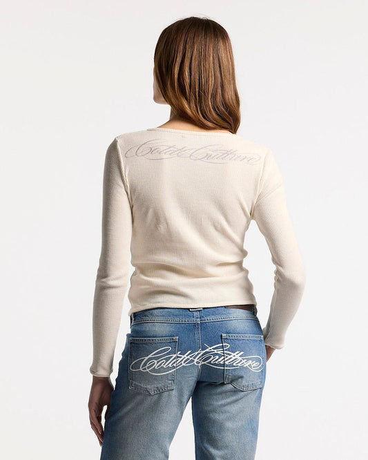 PERFECT LONGSLEEVE TOP OFF WHITE - off white longsleeve top, back view on female model - Cold Culture #woman
