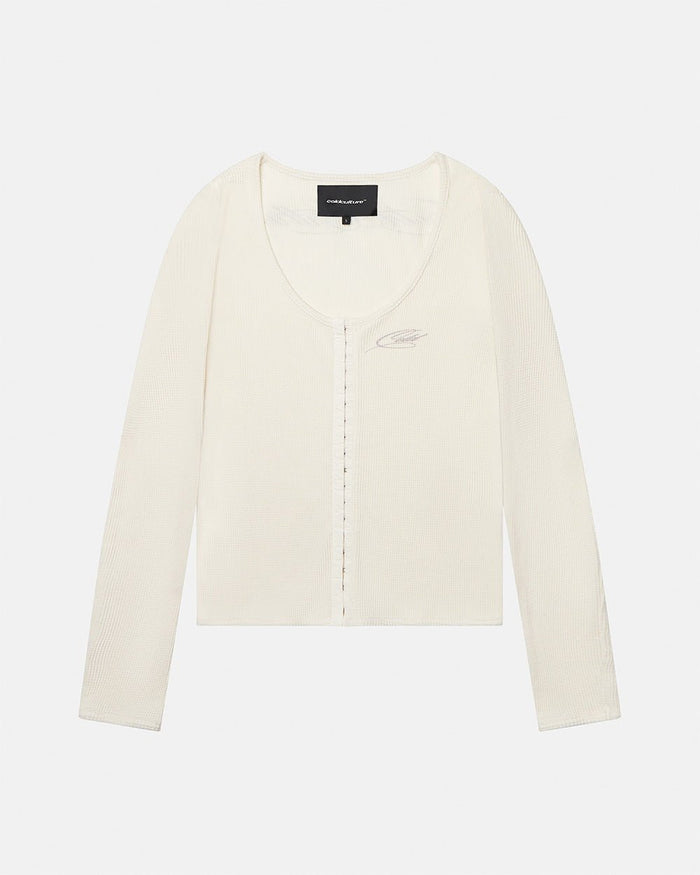 PERFECT LONGSLEEVE TOP OFF WHITE - off white longsleeve top, front view - Cold Culture