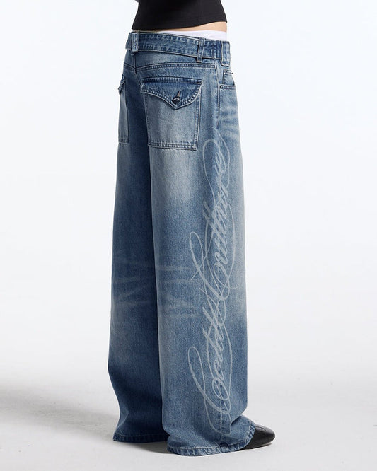 PERFECT SCRIPT PANTS BLUE DENIM - blue denim wide-leg pants, front view on female model - Cold Culture