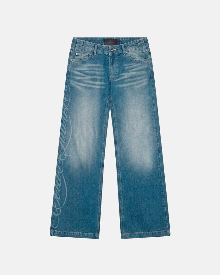 PERFECT SCRIPT PANTS BLUE DENIM - blue denim wide-leg pants, front view - Cold Culture