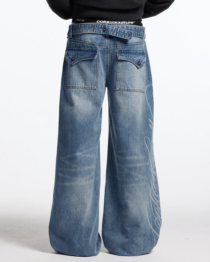PERFECT SCRIPT PANTS BLUE DENIM - blue denim wide-leg pants, front view on female model - Cold Culture