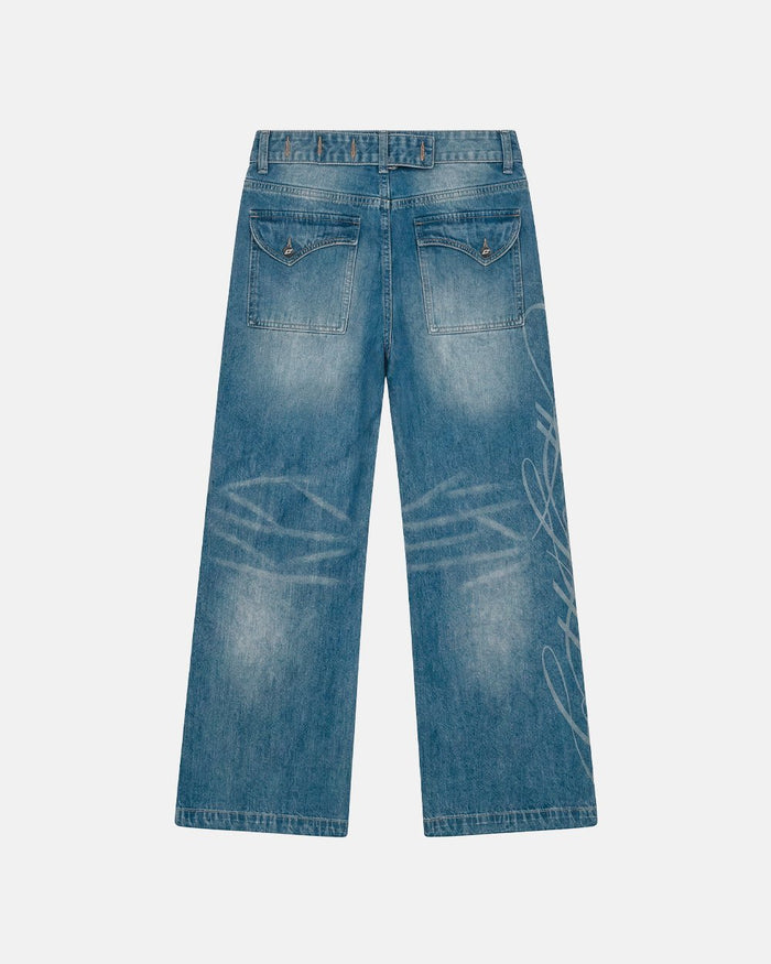 PERFECT SCRIPT PANTS BLUE DENIM - blue denim wide-leg pants, back view - Cold Culture