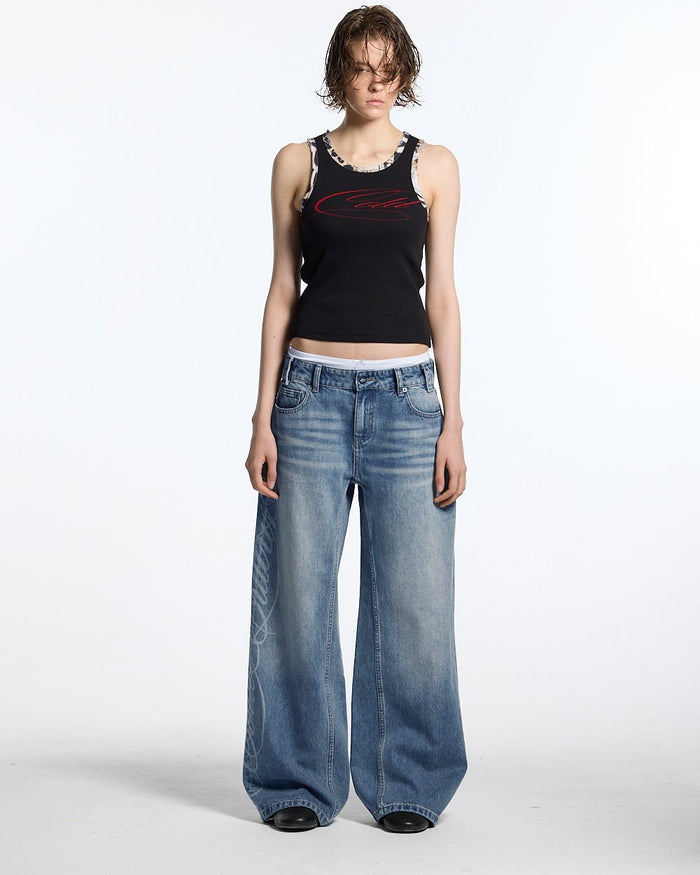 PERFECT SCRIPT PANTS BLUE DENIM - blue denim wide-leg pants, front view on female model - Cold Culture #woman