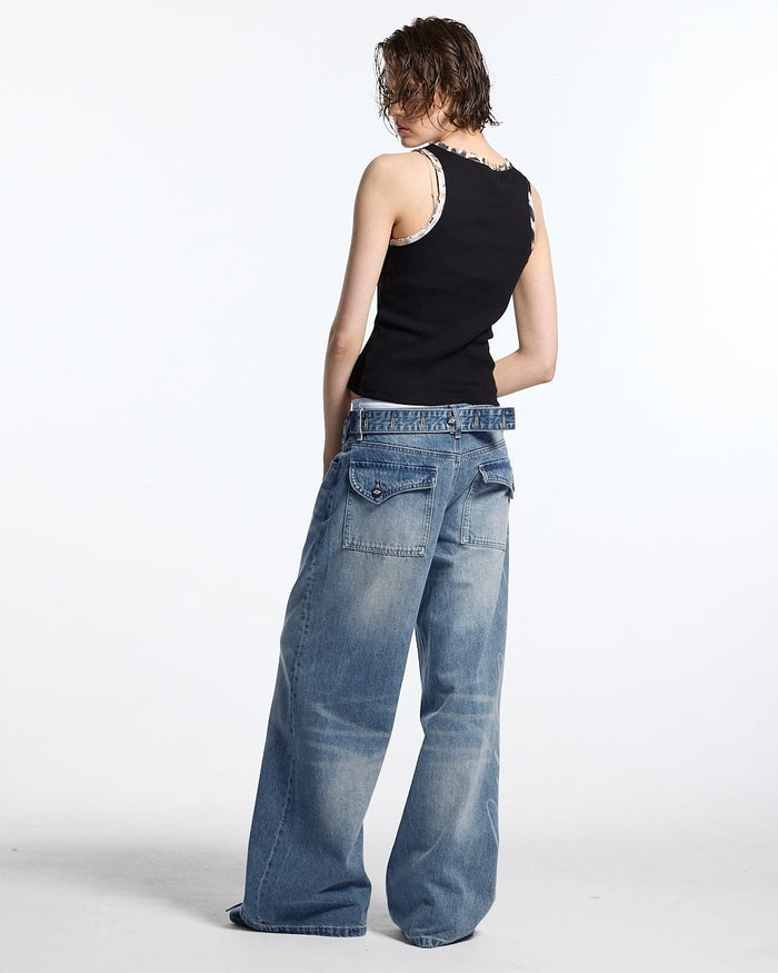 PERFECT SCRIPT PANTS BLUE DENIM - blue denim wide-leg pants, back view on female model - Cold Culture