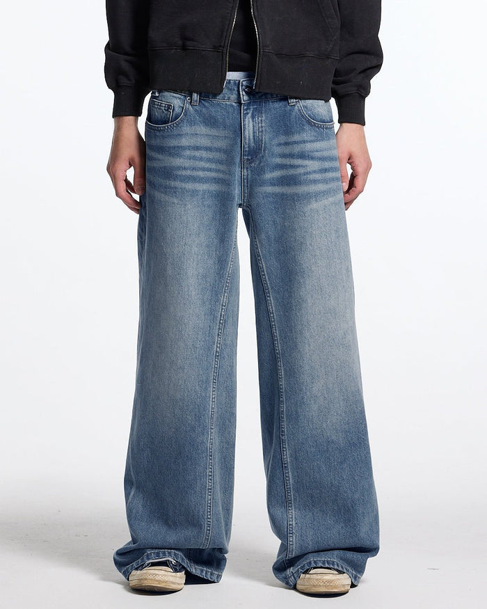 PERFECT SCRIPT PANTS BLUE DENIM - blue denim wide-leg pants, front view on female model - Cold Culture