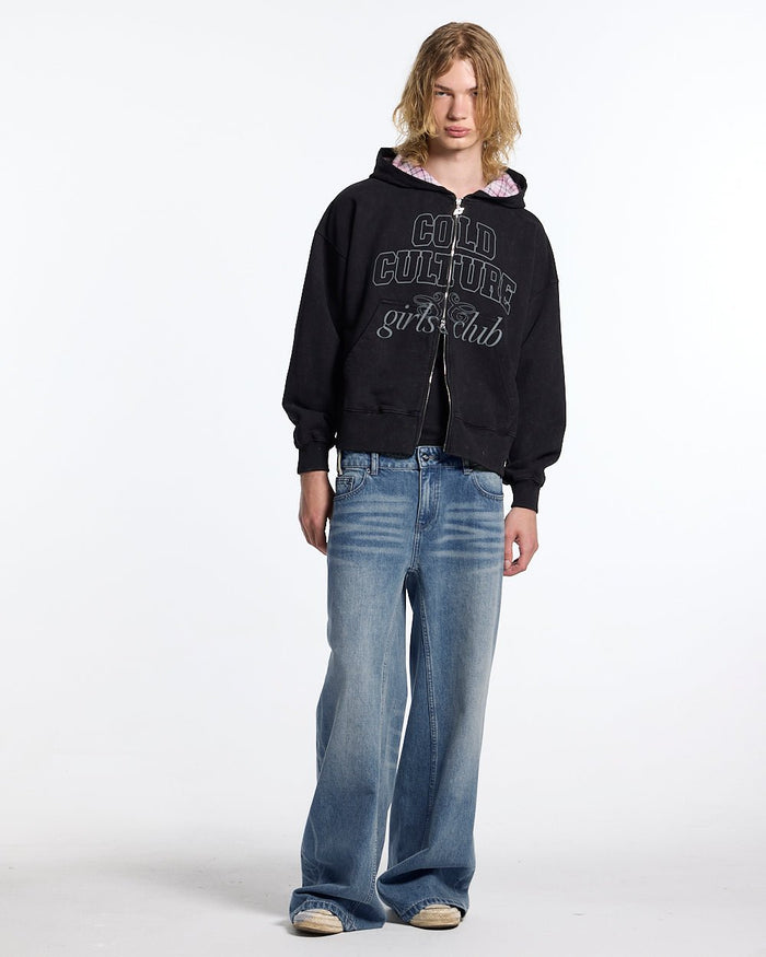 PERFECT SCRIPT PANTS BLUE DENIM - blue denim wide-leg pants, front view on male model - Cold Culture