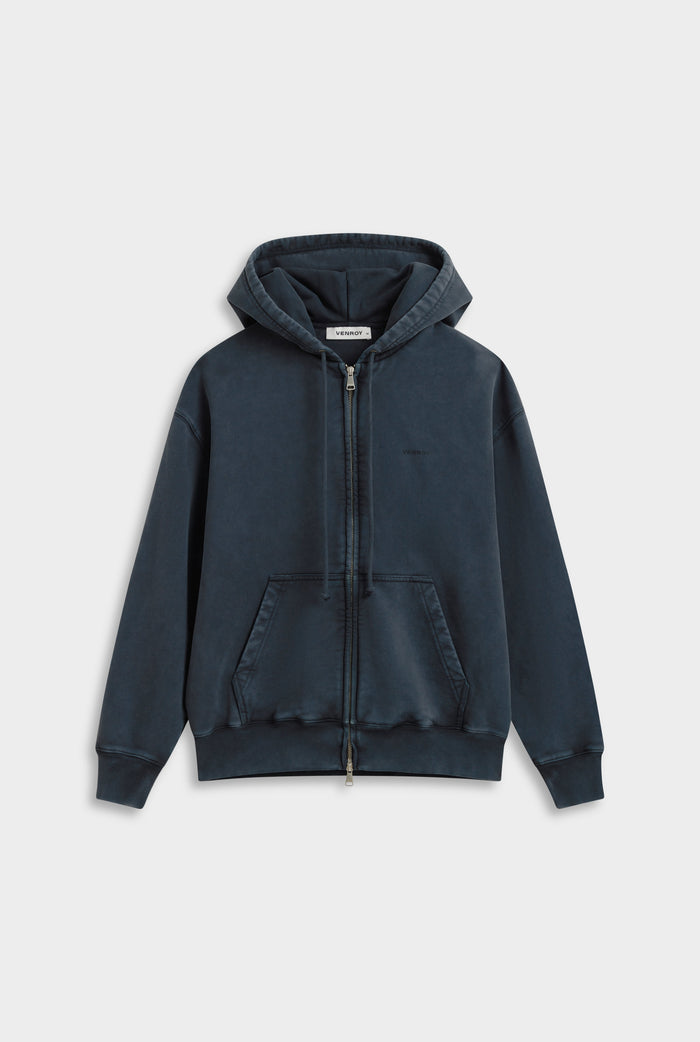 Venroy Pigment Dyed Fleece Track Zip Hoodie - Washed Navy
