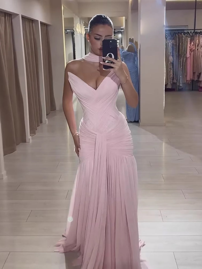 Pink Chiffon A-Line Evening Dress with Scarf LA73655
