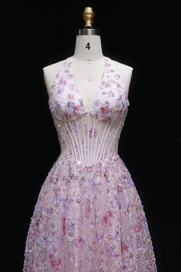 Pink Floral 3D Appliqué Halter Corset A-Line Prom Dress SH051 Sheer Fairy