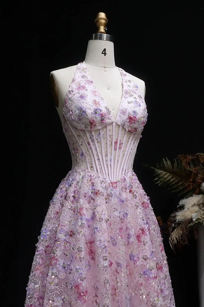 Pink Floral 3D Appliqué Halter Corset A-Line Prom Dress SH051 Sheer Fairy