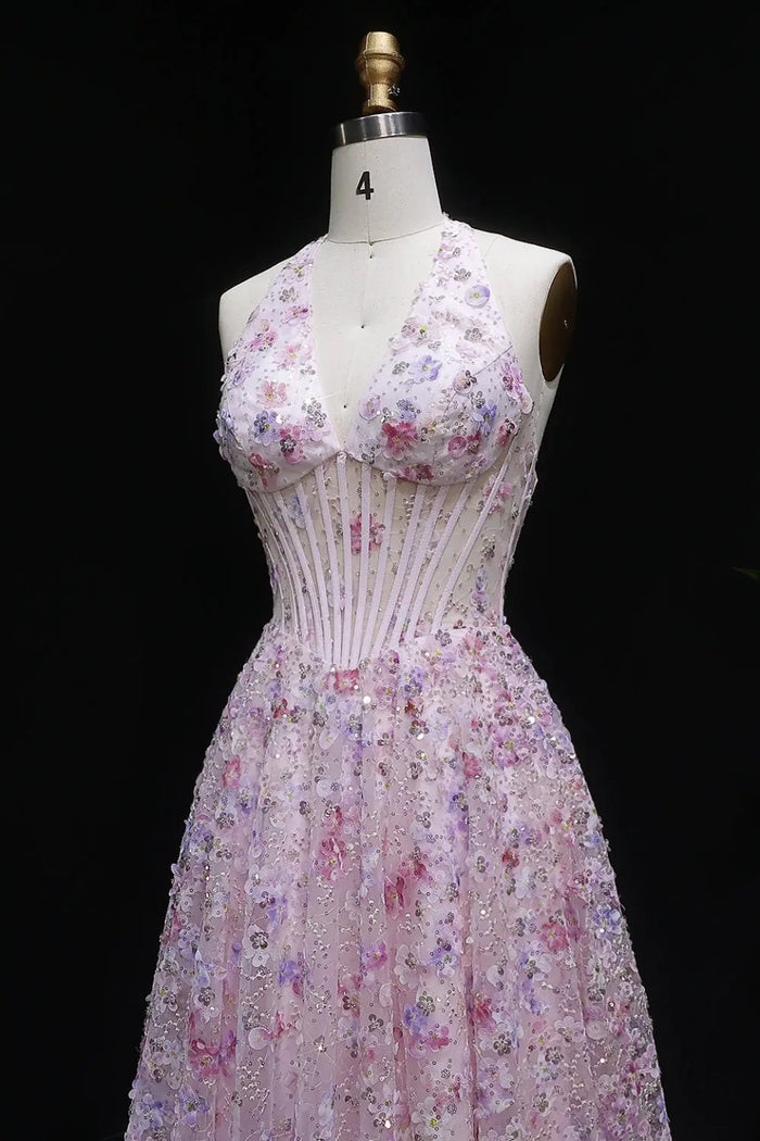 Pink Floral 3D Appliqué Halter Corset A-Line Prom Dress SH051 Sheer Fairy