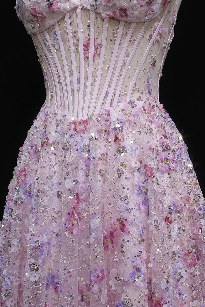 Pink Floral 3D Appliqué Halter Corset A-Line Prom Dress SH051 Sheer Fairy