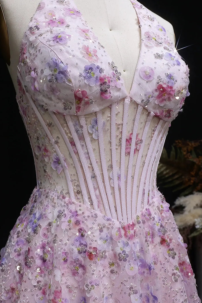 Pink Floral 3D Appliqué Halter Corset A-Line Prom Dress SH051 Sheer Fairy