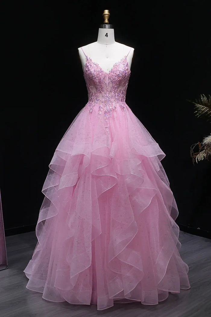 Pink Floral Lace V-neck Ruffled Tulle Prom Dress SH053 Sheer Fairy
