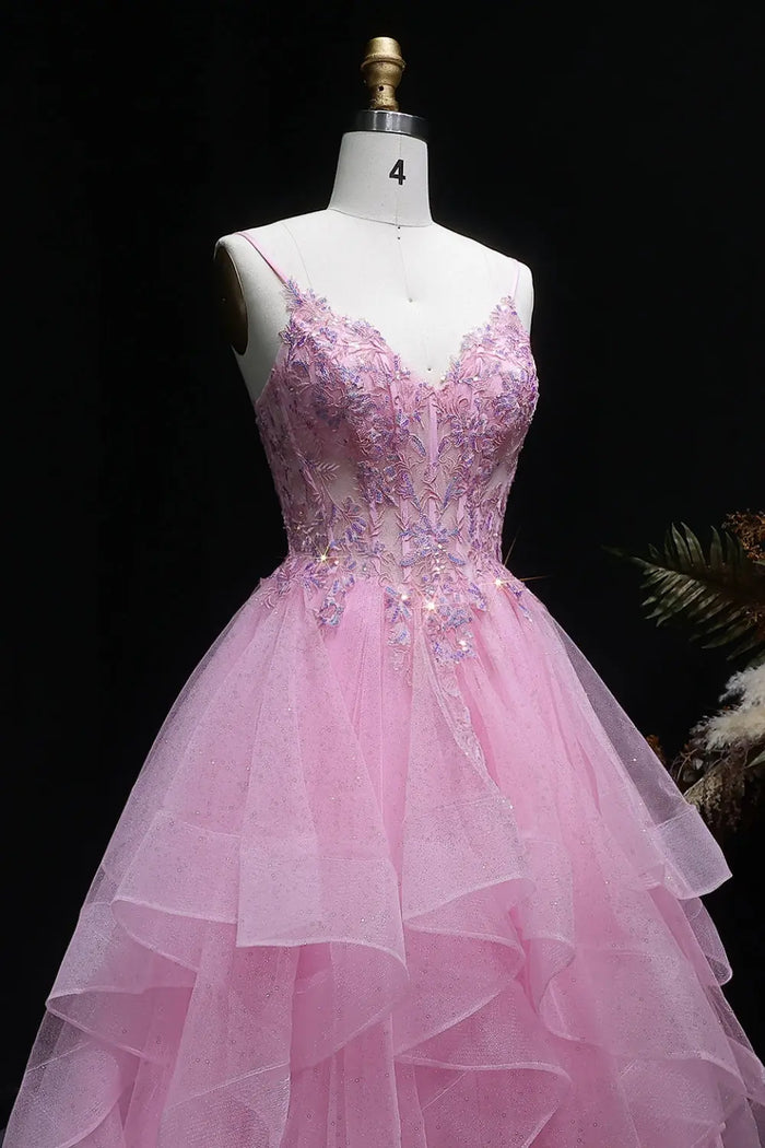 Pink Floral Lace V-neck Ruffled Tulle Prom Dress SH053 Sheer Fairy