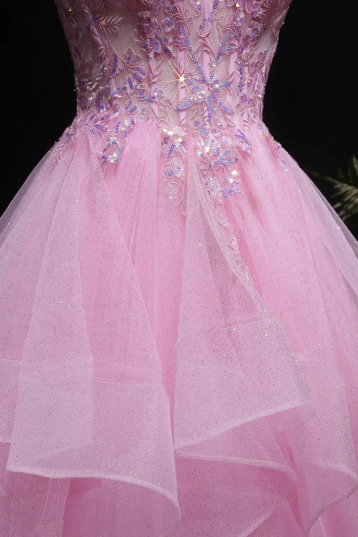 Pink Floral Lace V-neck Ruffled Tulle Prom Dress SH053 Sheer Fairy