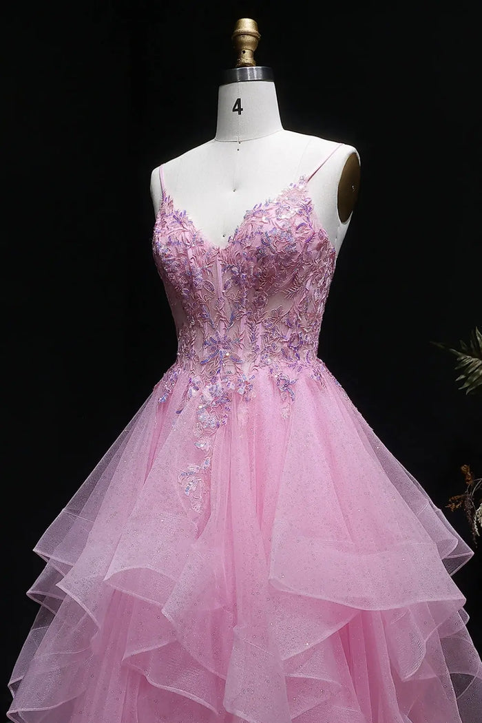 Pink Floral Lace V-neck Ruffled Tulle Prom Dress SH053 Sheer Fairy